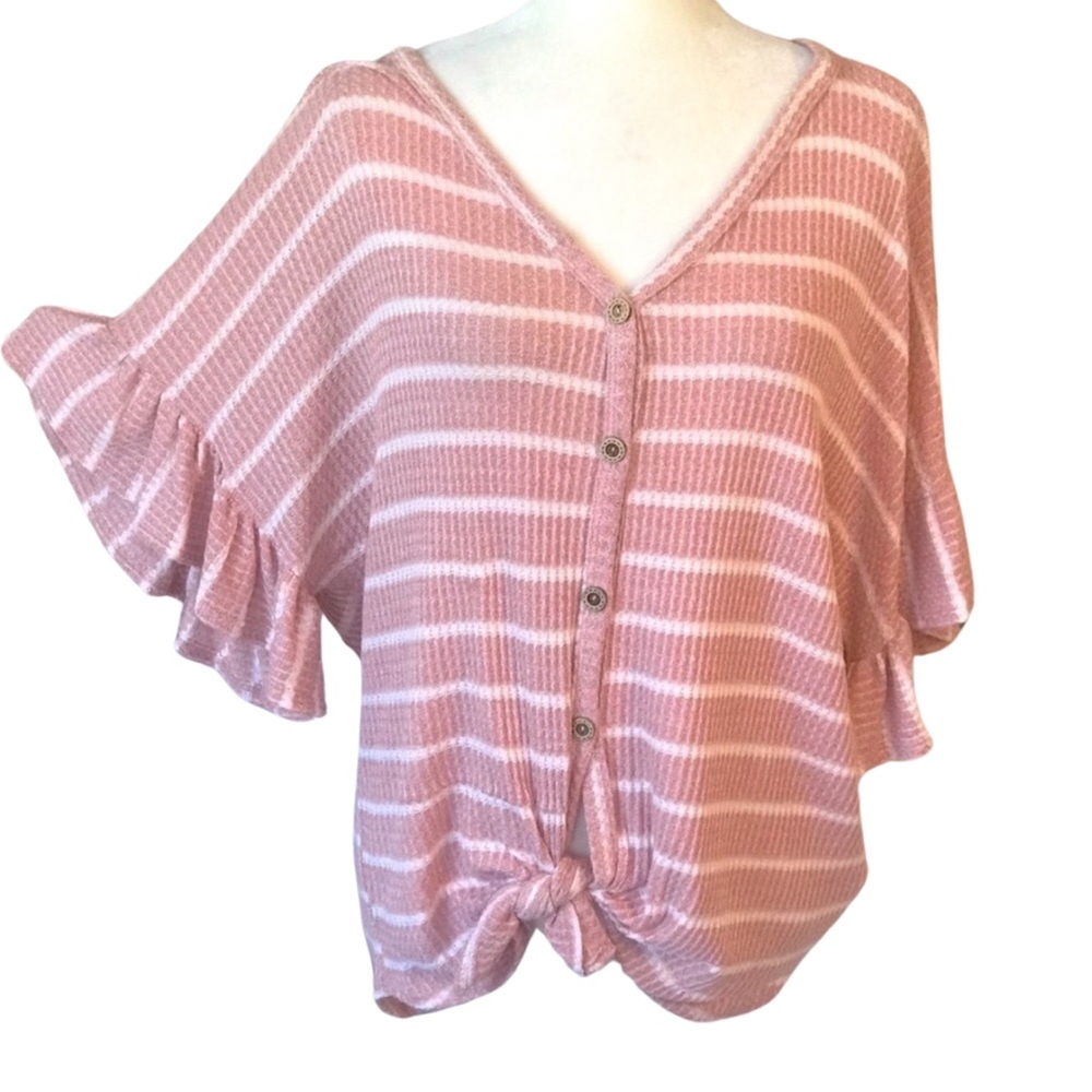 BOUTIQUE ITEM- WAFFLE KNIT DOLMAN TOP W/ WHITE STRIPES, ELBOW LENGTH